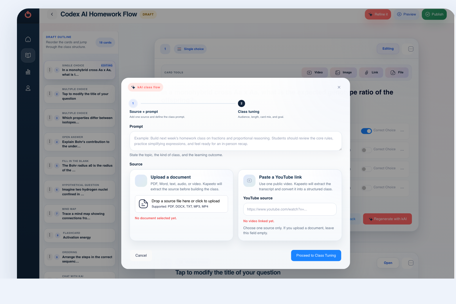 Upload document and class prompt popup in Kapeeto School