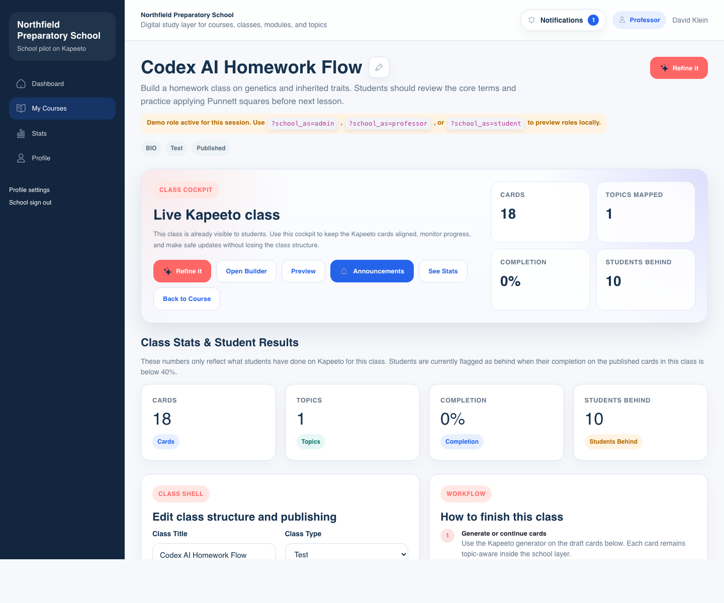 Professor class performance view